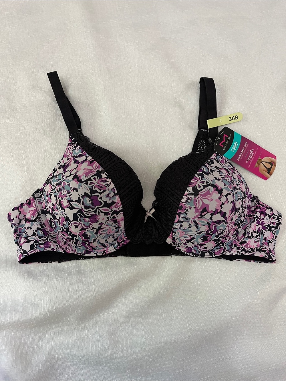 Maidenform Black & Pink Floral Lace-Trim T-Shirt Bra